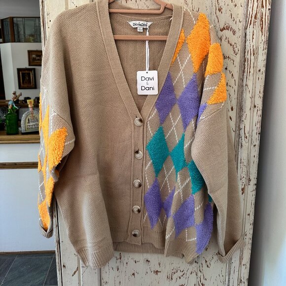 DAVI & DANI ARGYLE "DAD" OVERSIZED CARDIGAN SWEATER - Picture 6 of 7